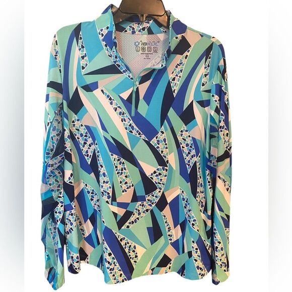 Ibkul Sz 2XL Turquoise Blue Geometric Print UV Sun Protection Long Sleeve Top - Picture 1 of 7